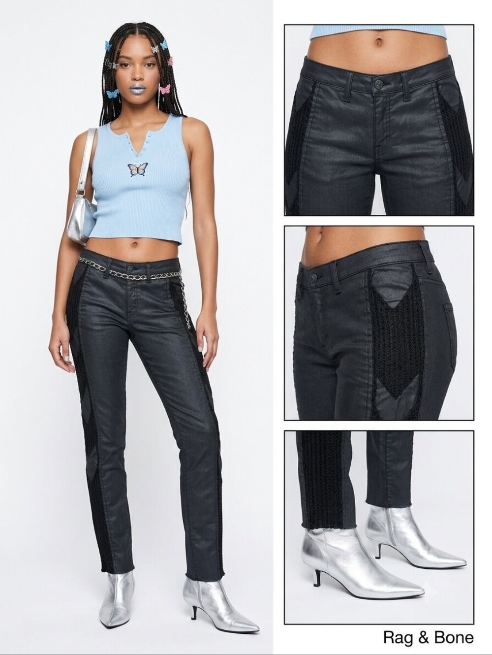 Rag & Bone Raja Coated Skinny Jeans Black Chevron Embroidered Stripes 29